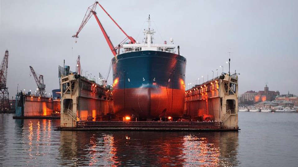 Ship undergoing service in dry dock